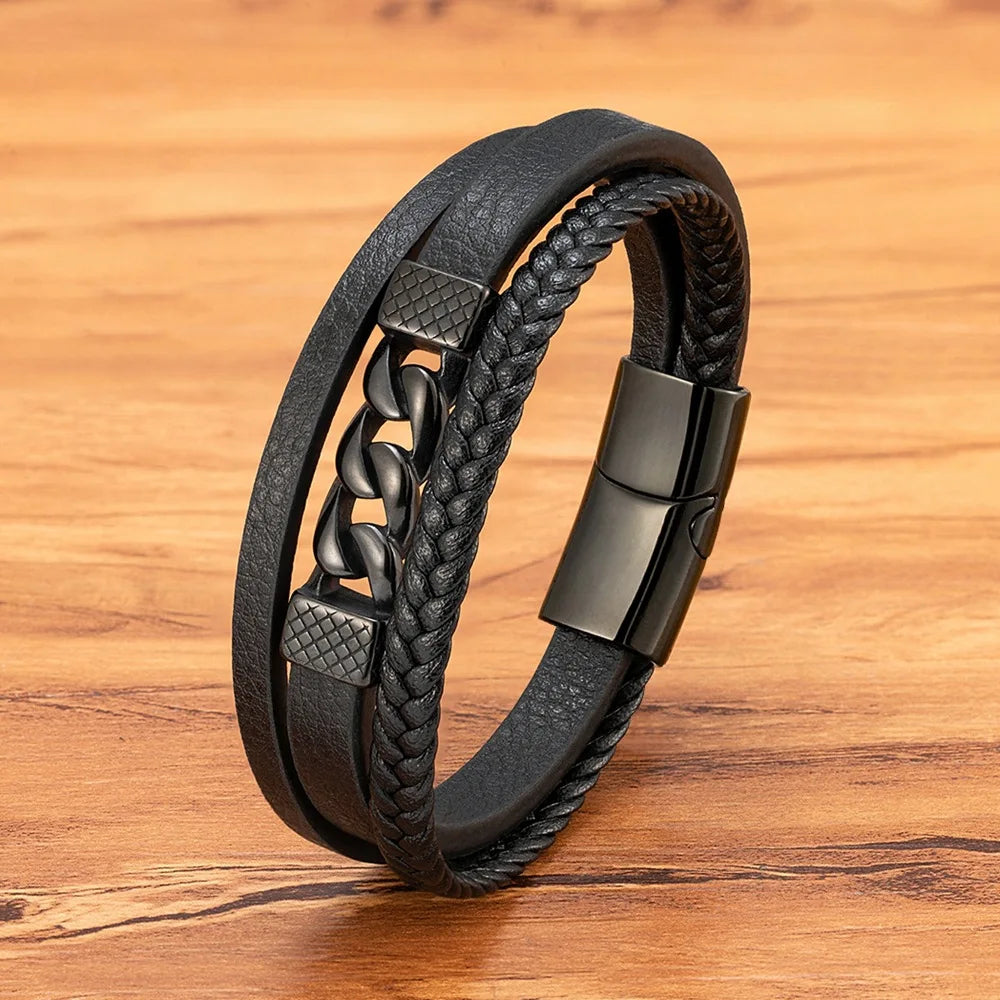 Handmade Woven Multi Layer Leather Bracelet Engraving Stainless Steel Magnetic Clasp Jewelry Bracelet for Men Gift