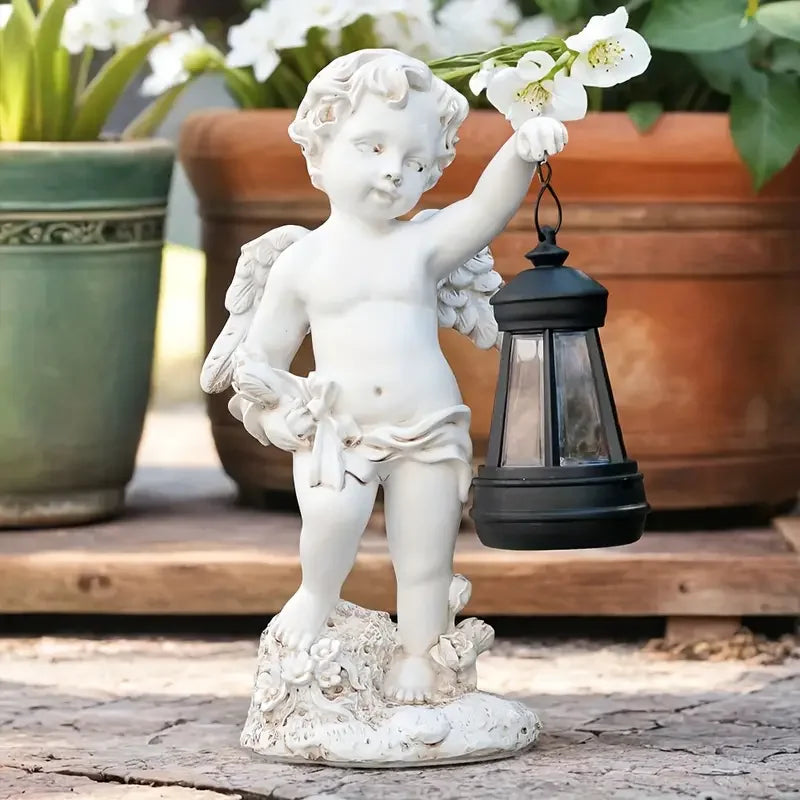 Hot Sale Cute Angel Resin Statue with LED Lantern &Flower Bouquet Realistic Curly Hair&Closed Eyes DesignOutdoor Garden Decor