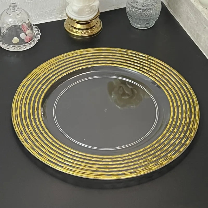 Elegant 13 Inch Round Eco-Friendly for Charger Plate Clear Plastic with Gold Rim Bronzing for Candy Chocolate Weddings Gold Plat