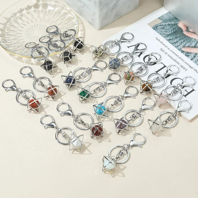 Healing Crystal Keychain Natural Anise Star Pendant Gemstone Chakra Keyring for Women Men Gifts