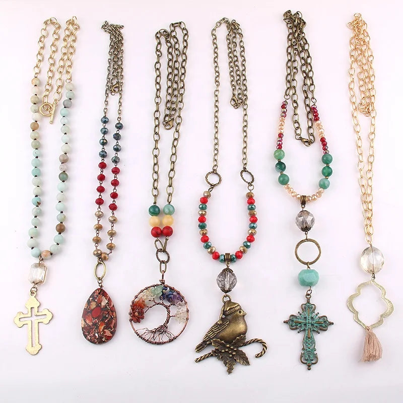 New Women Boho Crystal Glass Beads Amazonite Necklace Cross Pendant Natural Gemstone Necklace