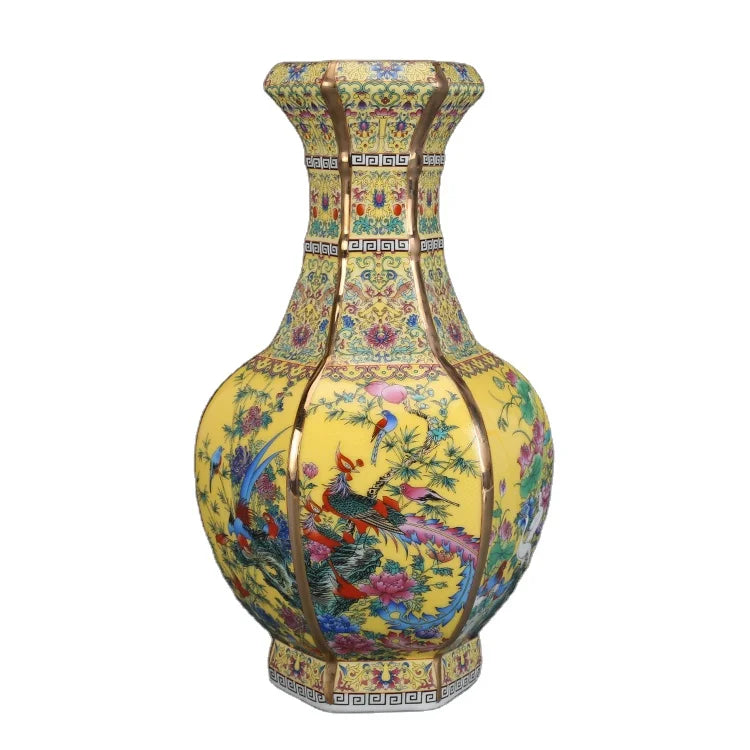 Creative Porcelain Vase Yellow Glazed Bird Pattern Flower Vase Handmade Ceramic Vase for Home Decoration