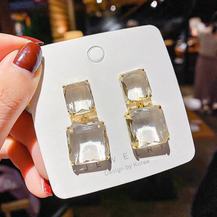 Fashion Exaggerated Design Earrings Needle Transparent Geometric square Crystal Earrings for Women