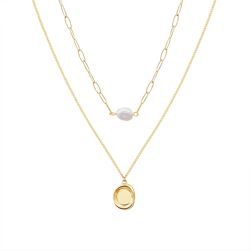 Niche Design Double Layered Adjustable Freshwater Pearl Concave Convex Geometric Pendant Clavicle Necklace for Women Date Night