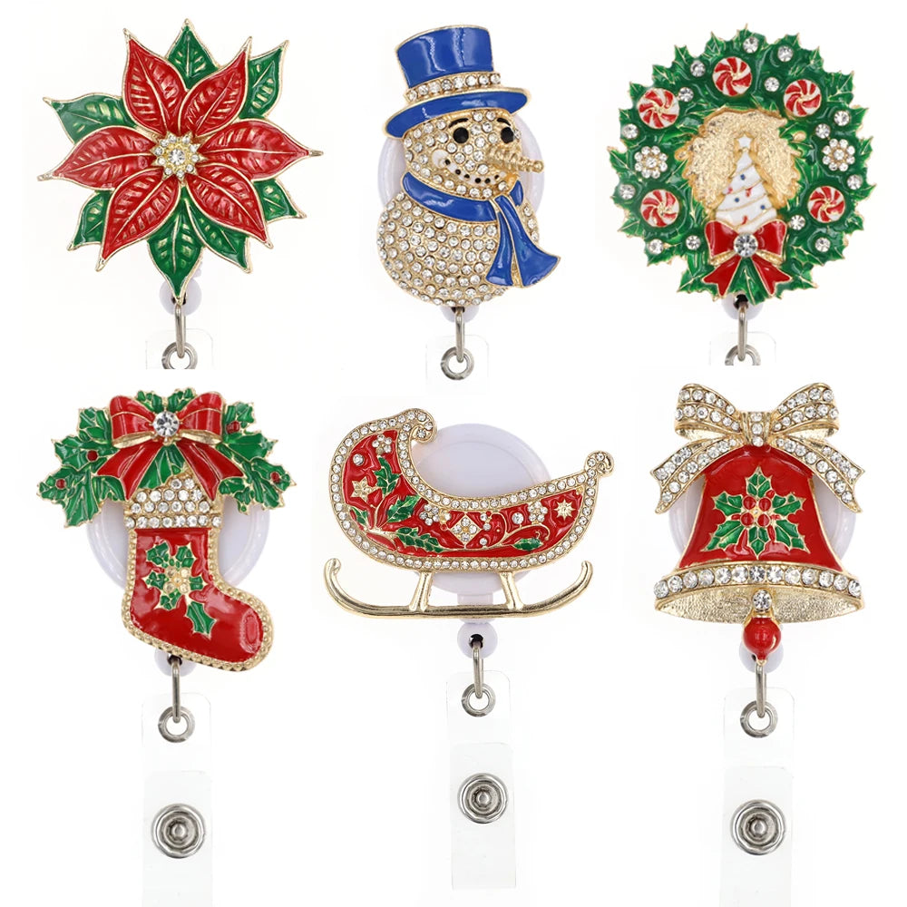 New Year Christmas Snowman Bell Sleigh Retractable Rhinestone Badge Reel Nurse Holiday Gifts Decoration Badge Holder Accessory