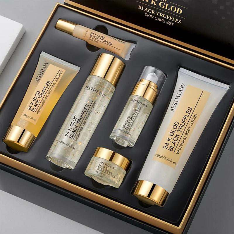 Facial Kit Skincare Product Supplier Manufacturer Aesthtany 24k Glod Black Truffles Serum Face&Body Lotion 6-Piece Skin Care Set