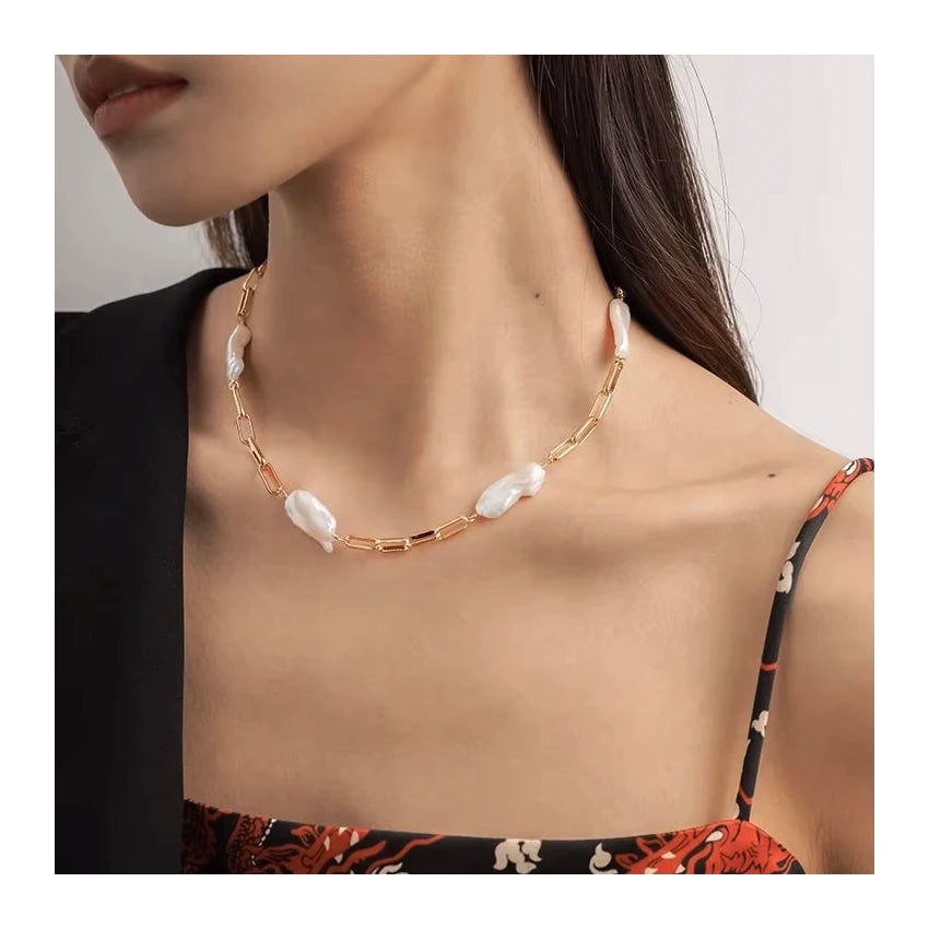 Haiyang Simple Freshwater Pipa Pearl Baroque Beaded Gold Plated Link Necklace 6-12mm Special-shaped Trendy Fashion Clavicle