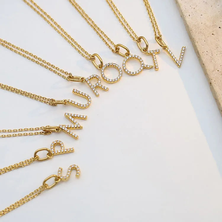 Dainty Mini Gold Plated Stainless Steel CZ Paved Initial Pendant Necklaces Personalized Name Letter Chain Necklace for Women