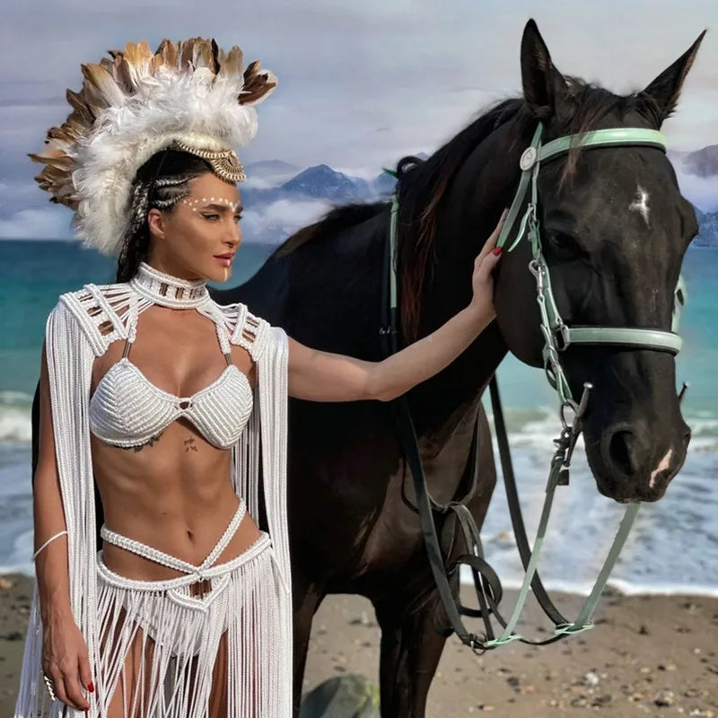 2025 New Boho Macrame Beach Dress Shoulder Bohemian Burning Man Wedding Photoshoot Goddess Spartan Men Vest Macrame Dress