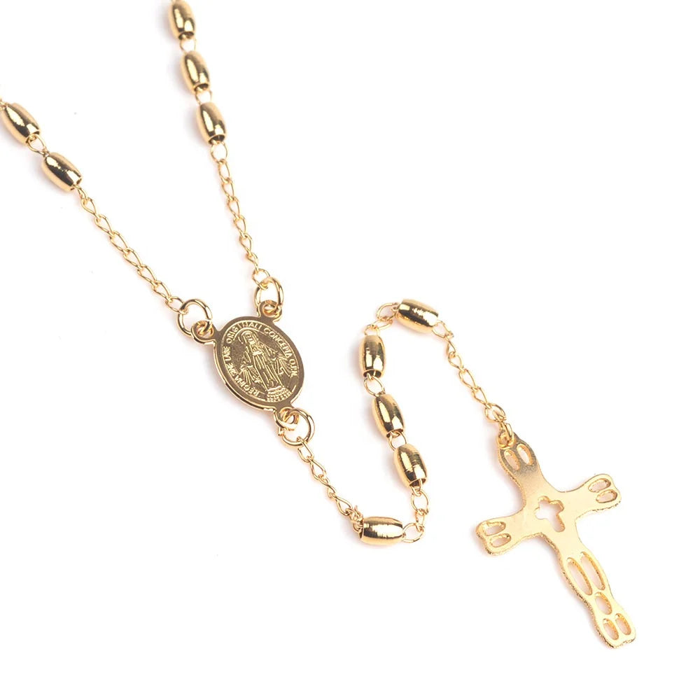 LineAve Women Gold Plated Stainless Steel Catholic Rosary Oval Beads Cross Necklace
