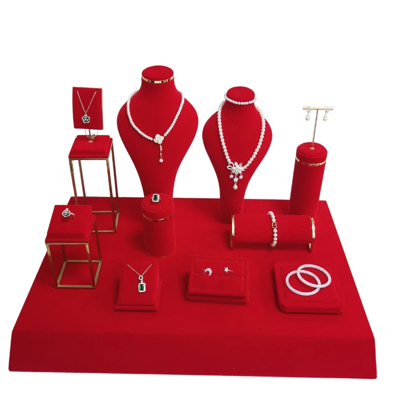 High End Red Style Wedding Jewelry Photography Props Necklace Bracelet Ring Earrings Display Stands for Jewellery showcase