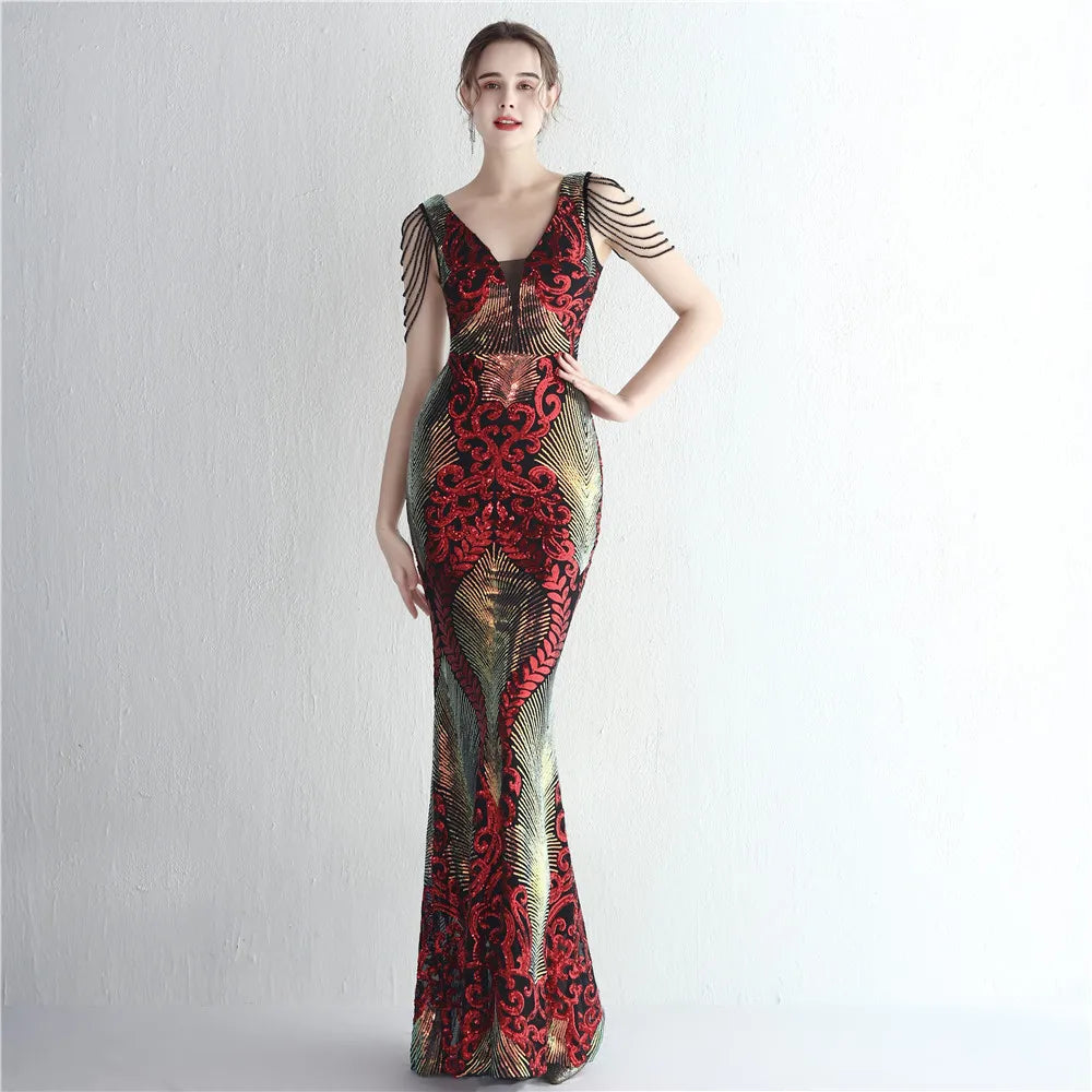 19263# Whole Piece Positioning Floral Cut Ten Craft Beaded Long Short Sleeve Sequin Fishtail Dress