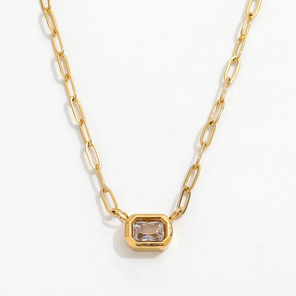 JOOLIM Ready to Ship High End Stainless Steel Paper Pin Rectangle Zirconia Pendant Necklace 18K Gold Plated Jewelry Wholesale