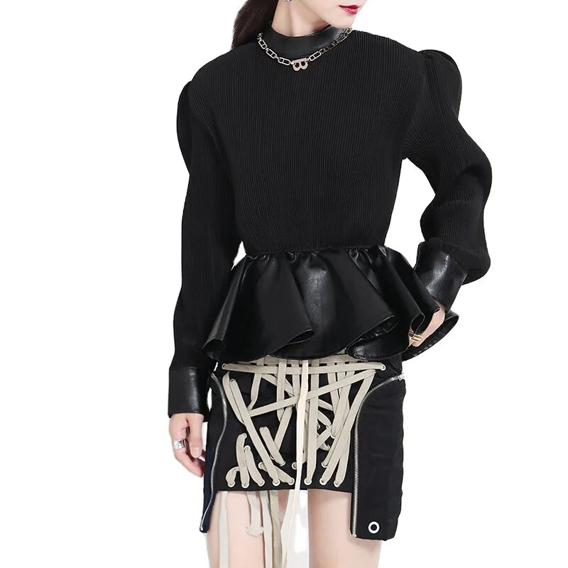 2021 Spring New Style Thin Pleated Stitching PU Ruffled Waist Top Japanese Gentle Wind Sweater Women1990