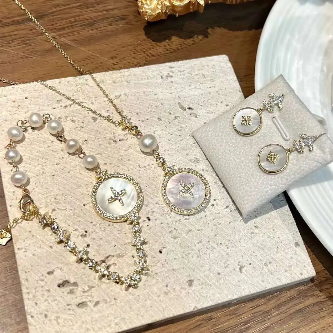 Natural Seawater Shell Inlaid Big Brand Shell Three Piece Set Gold Plated Freshwater Pearl Necklace Ring Earrings Engagement Set