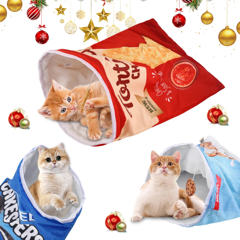 Foldable Crinkle Cat Tunnel Sleeping Bag Modern Cartoon Fashion Play Hideaway Space-Saving for Cats of All Sizes and Ages