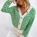 Ladies Cotton Sweater V-Neck Cardigan Long Sleeve Knit Sweater Short Top Button Design Plaid Jacquard Support Custom Pattern Log