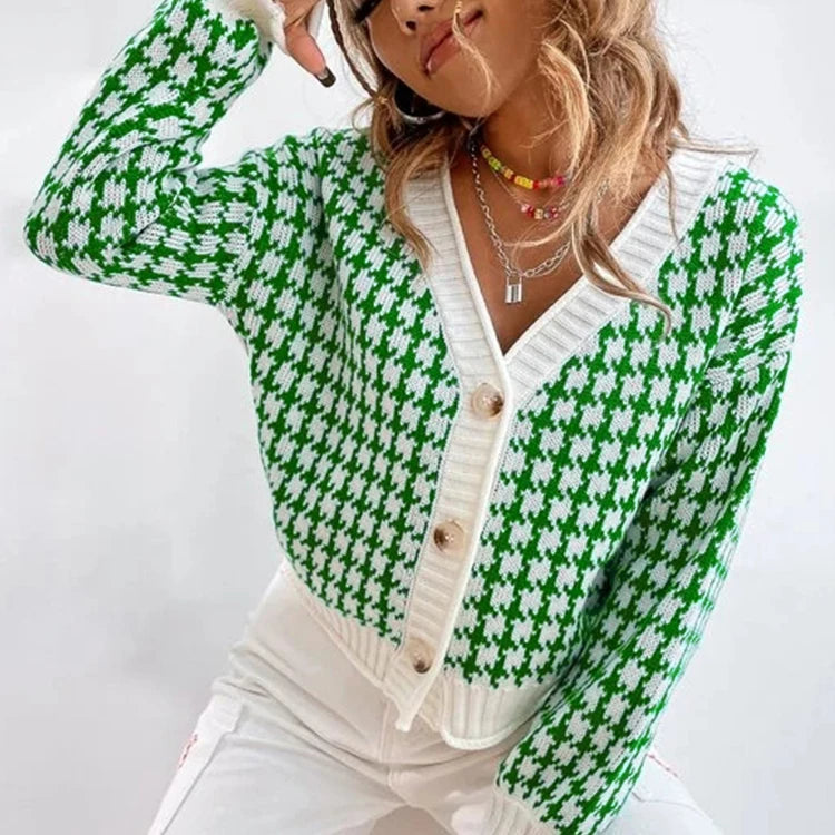 Ladies Cotton Sweater V-Neck Cardigan Long Sleeve Knit Sweater Short Top Button Design Plaid Jacquard Support Custom Pattern Log