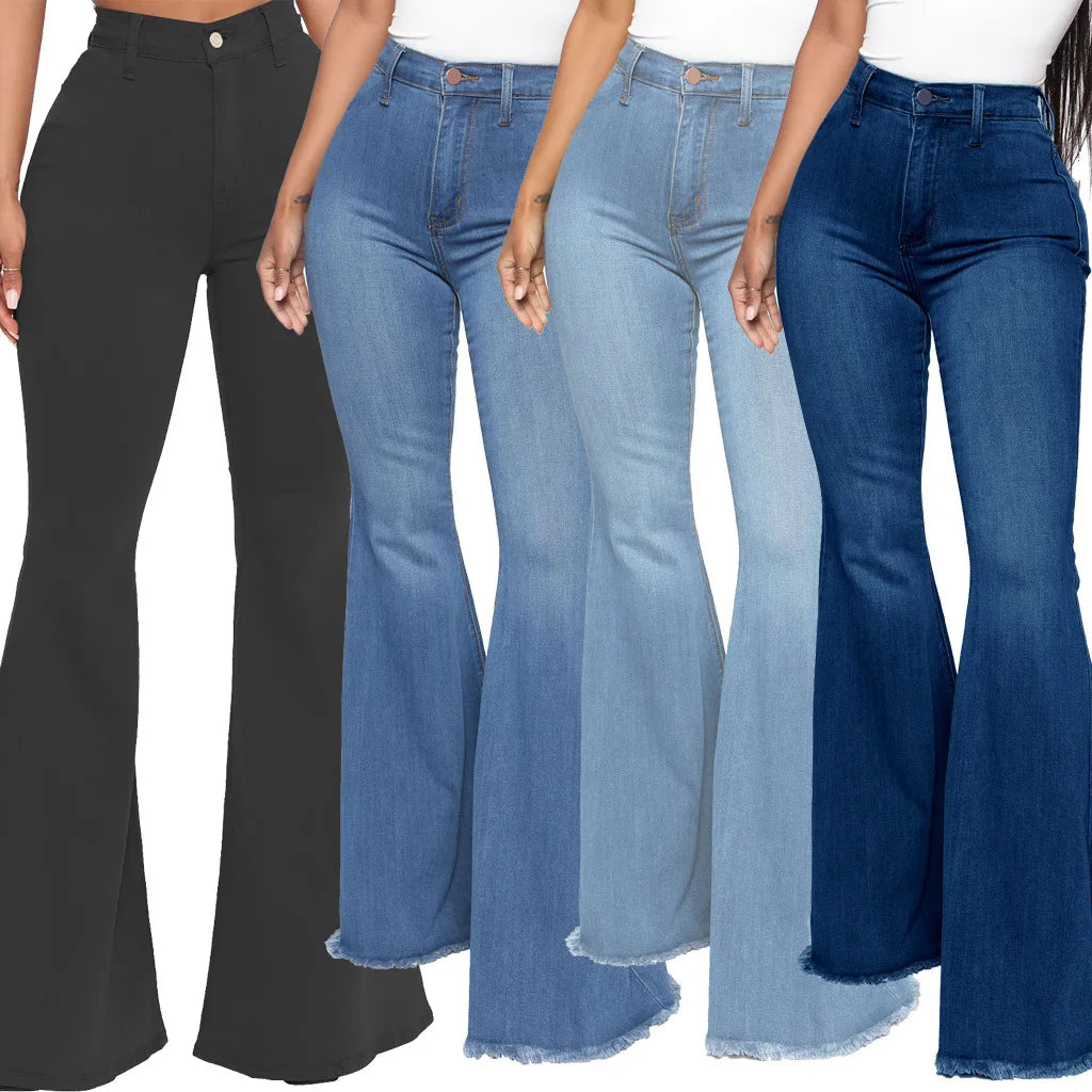 Hot Selling New Casual Stretch Patchwork Tassel High Waist Bell Bottom Denim Flare 10 Color Women Jeans