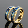 Customized Name Damascus Vintage 18K Au750 Solid Gold Enamel Ring Set Rhodium Exotic Blue Textured for Lover Wedding Couples