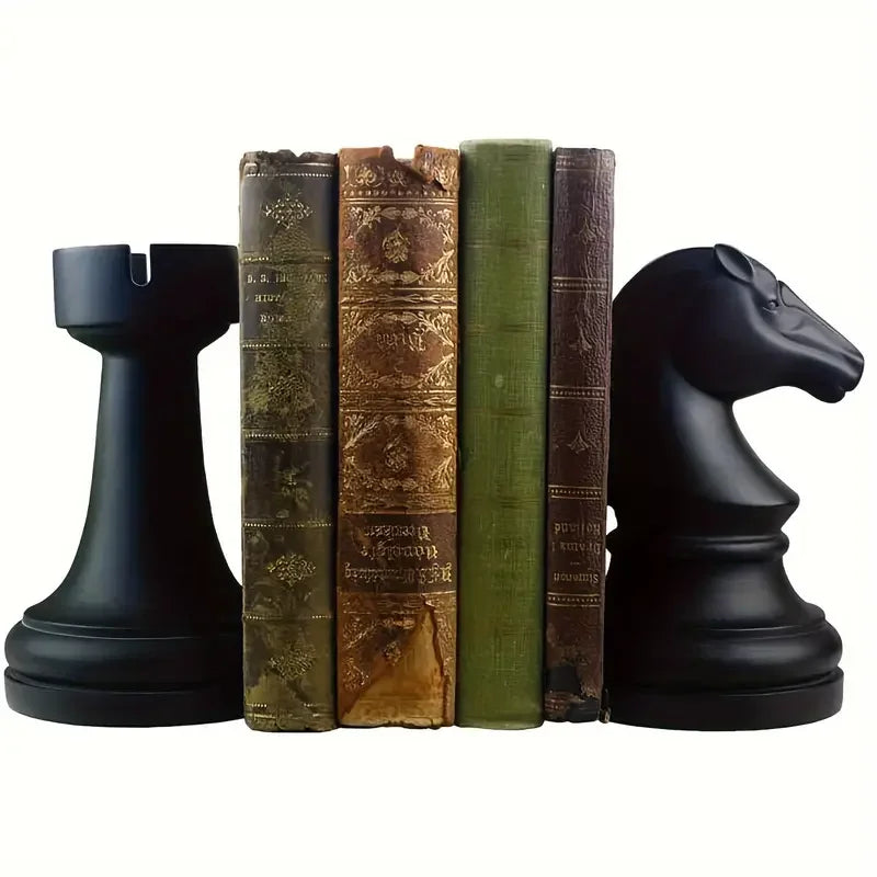 Hot Sale Black Chess Themed Resin Bookends Set Matte Finish Heavy Duty Bookshelf Organizer for Home OfficeLuxury Gothic Decor