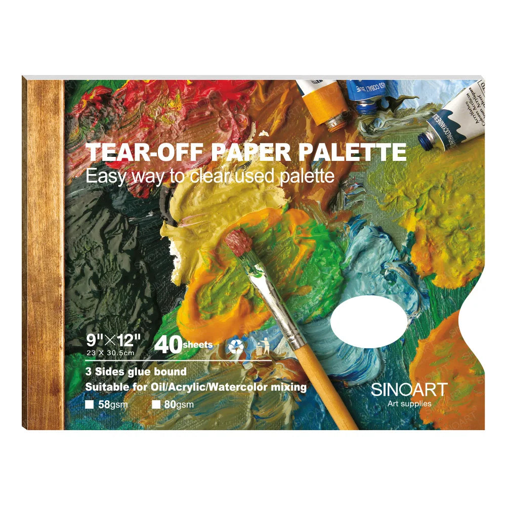 SINOART Tear-Off Paint Mixing Palette: 9x12'' Disposable Paper Pad with 40 Sheets of 58g/m2 for Paintings and Art Projects