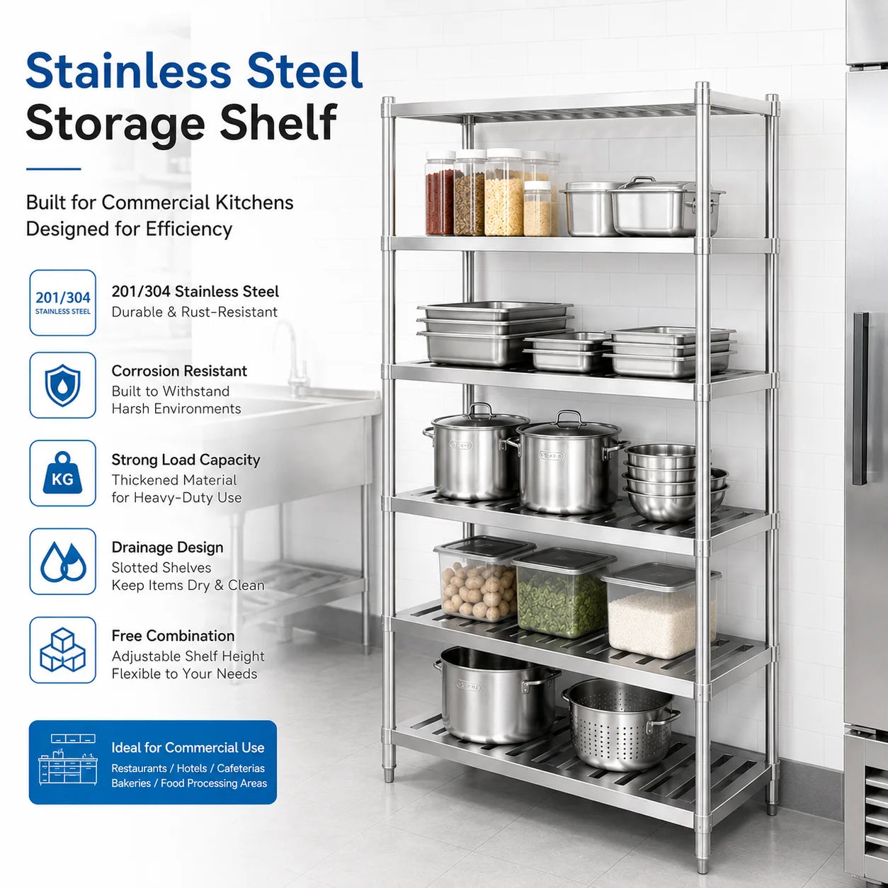 Wholesale Commercial Kitchen Stainless Steel Storage Shelf Industrial Heavy Duty Adjustable for Restaurant Project and Hotel