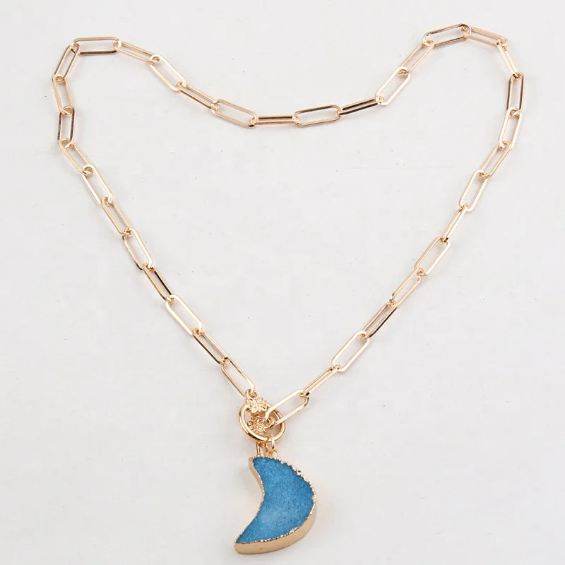 Women Customize Jewelry Metal Gold Paperclip Chain Druzy Necklace Crescent Moon Pendant Choker Necklace