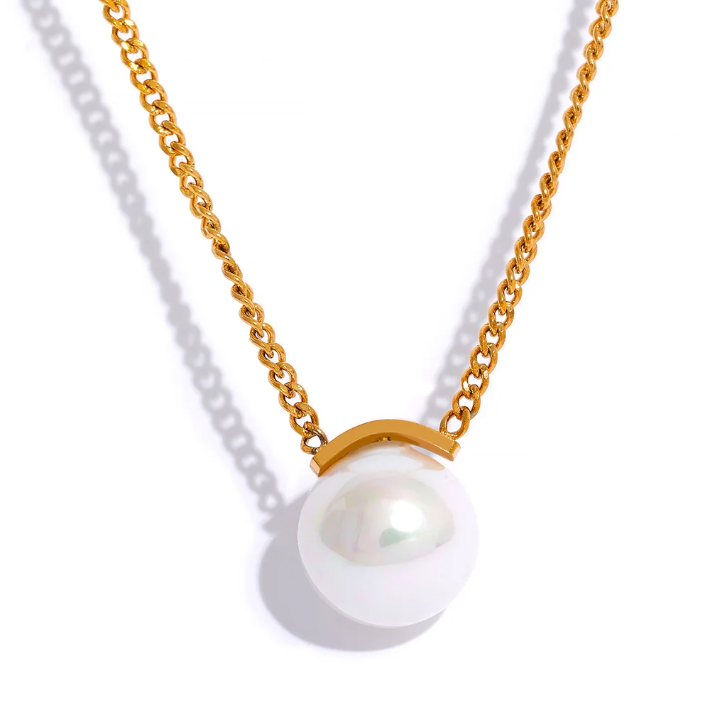 JINYOU 2179 Minimalist Shell Pearl 10mm Ball Pendant Stainless Steel Chain Necklace Gold Plated Ladies Trendy Fashion Jewelry MegaBDM