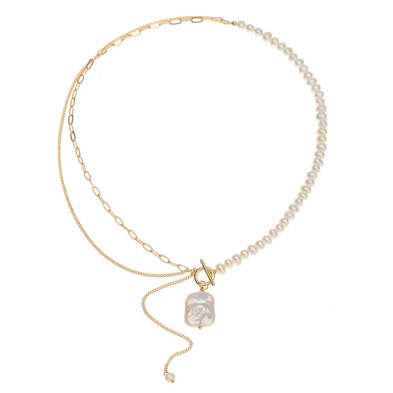 18k Gold Plated Natural Freshwater Pearl Necklace Square Baroque Pendant Patchwork Pearl Necklace