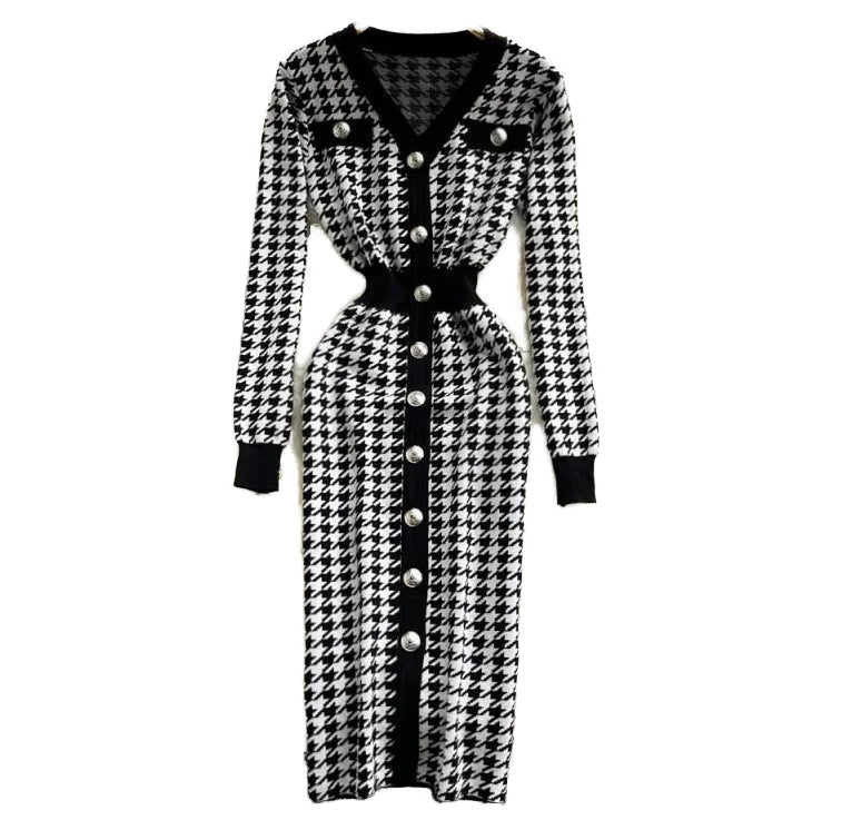 New Arrival Women's Autumn Winter Cardigan Long Sleeve Sweater Dress Casual Knitted Midi Length Button Decoration Empire