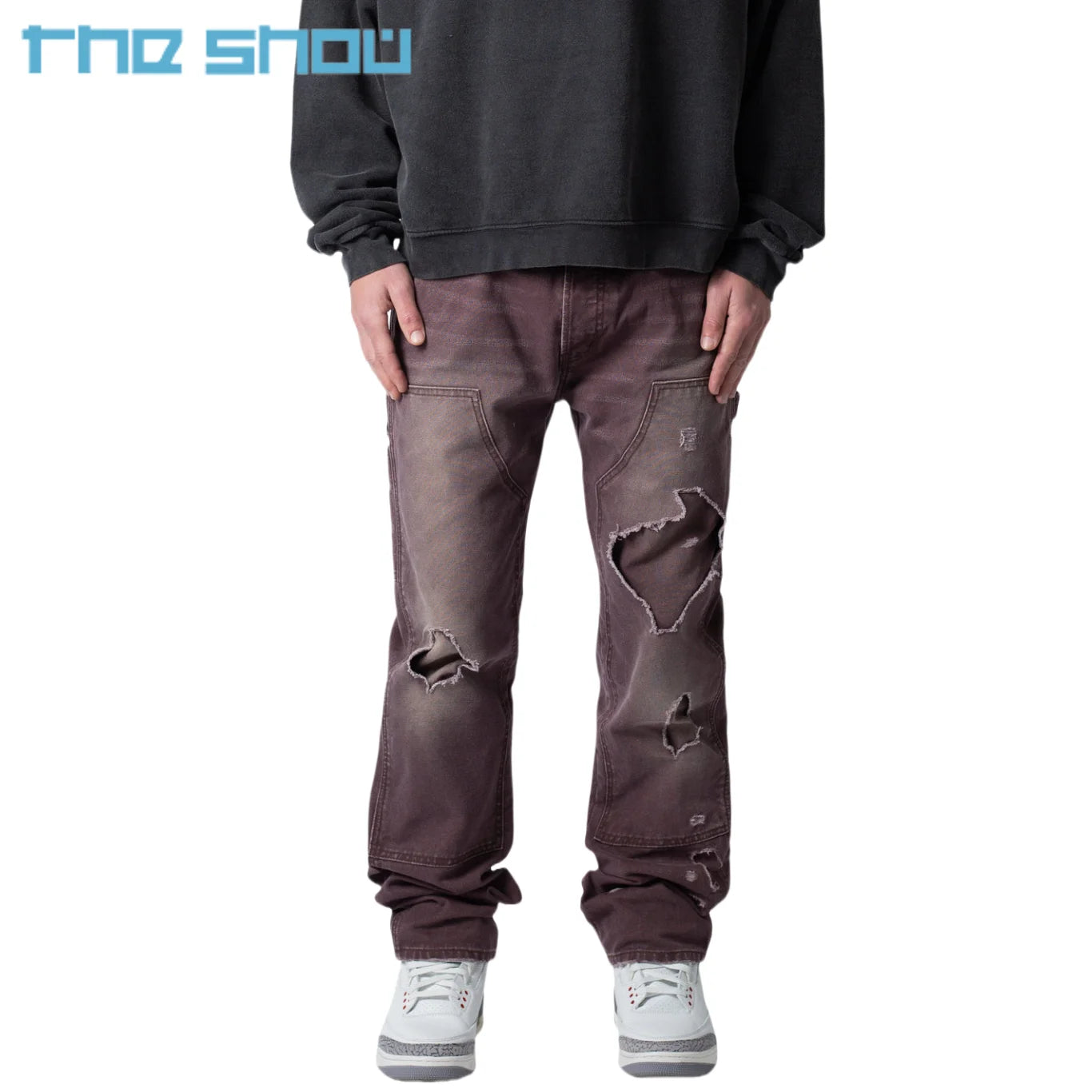 Custom Hombre Baggy Vintage Wash Homme Baggy Oversized Denim Pants Distressed Hole Thrashed Double Knee Carpenter Pants