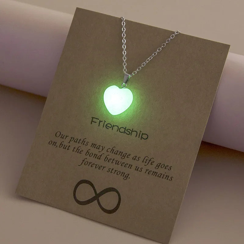 SC Popular Korean Silver Chain Necklace Pendant Friendship Glow in the Dark Necklace Gift Luminous Colorful Heart Necklace