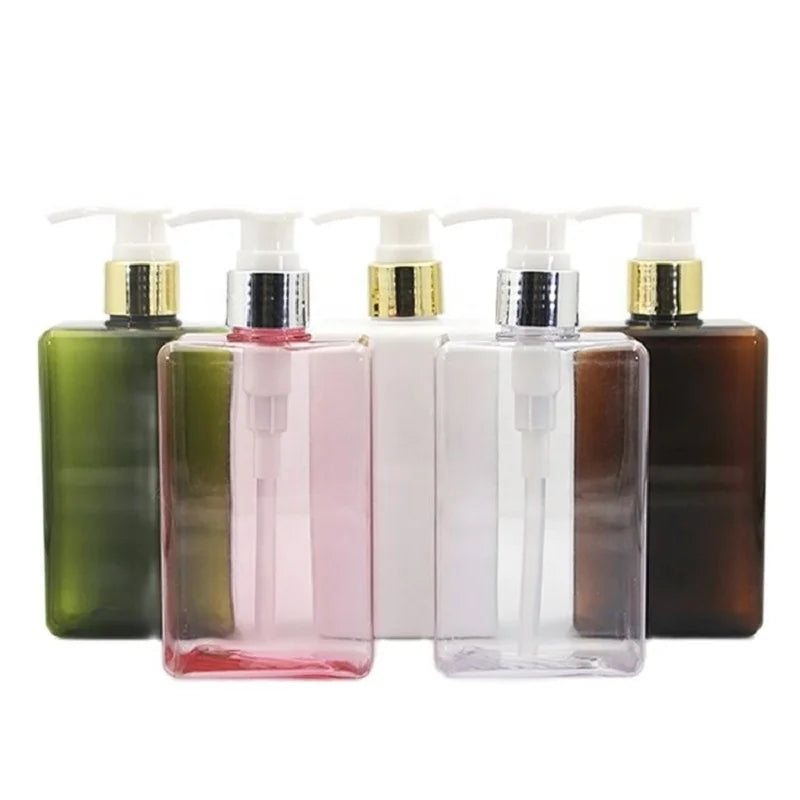 Square Lotion Pump Bottle PETG Shower Gel Shampoo Dispenser Gold Silver Electroplate Press Pump 300ml Empty Lotion Cream Bottles