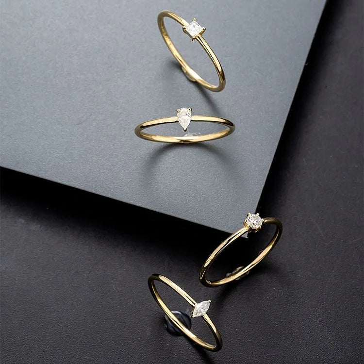 RUYI Fashion 14K Yellow Gold  Ring Women's Dainty Round Pear Princess Marquise Finger Ring Diamond-embedded Simple Jewelry Women