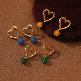 Luxury Hammered Heart Shape 18k Gold Plated Bead Drop Earrings Stainless Steel Colorful Natural Stone Agate Beads Earrings