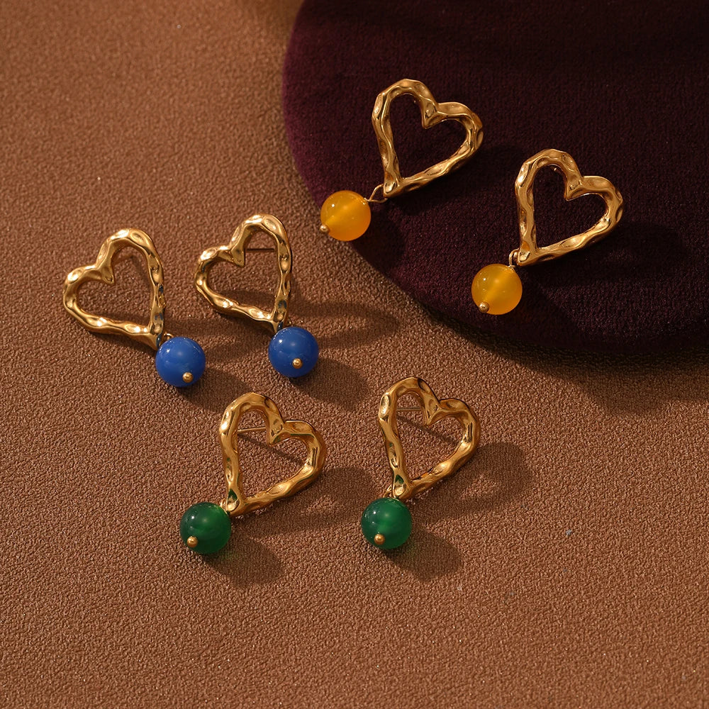 Luxury Hammered Heart Shape 18k Gold Plated Bead Drop Earrings Stainless Steel Colorful Natural Stone Agate Beads Earrings