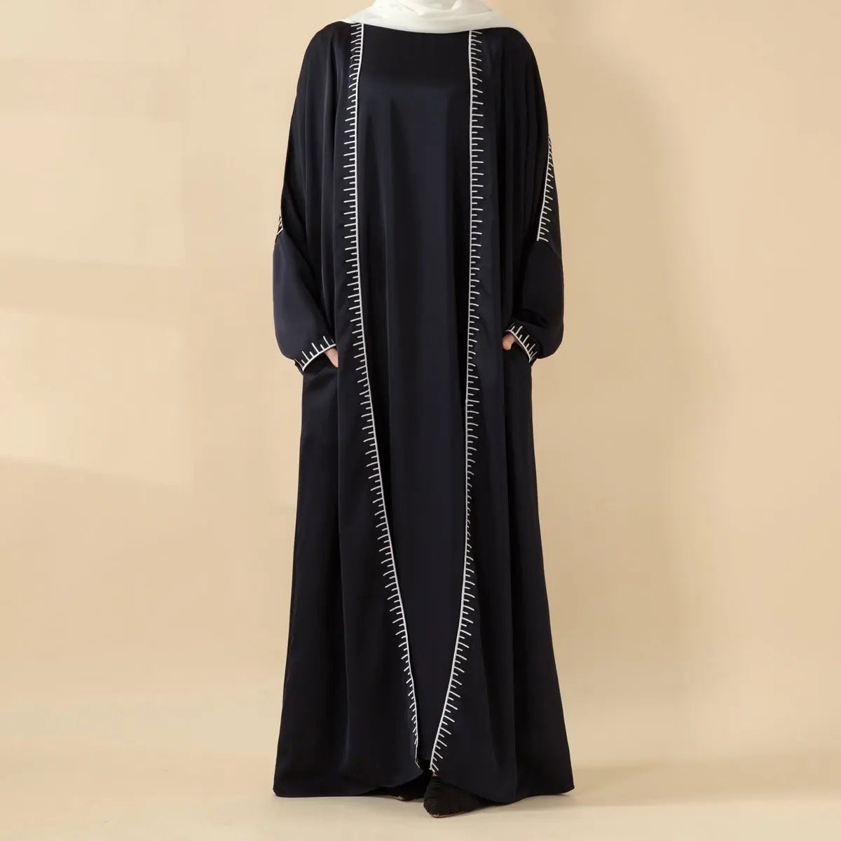 Dubai Muslim Women Modest Plus Size Spring Navy Abaya with White Geometric Stitch Embroidery | 2-Piece Set Dress
