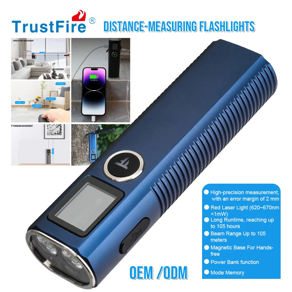 Trustfire MINIX7 Distance-Measuring Flashlights LED Laser Measuring Magnetic Tail Torch Type-C Rechargeable Work Light