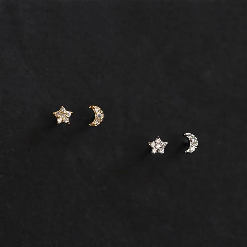14K Gold Plating Pure 925 Sterling Silver Simple Cute Asymmetrical Crystal Moon Star Stud Earrings for Women Girls Jewelry