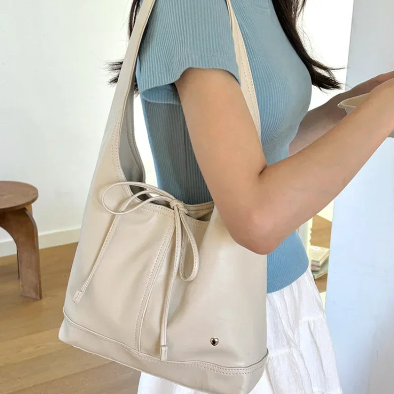 Soft PU Leather Women's Commuter Shoulder Bags Casual Bowknot Female Tote Underarm Bag Solid Color Ladies Handbags with Purse