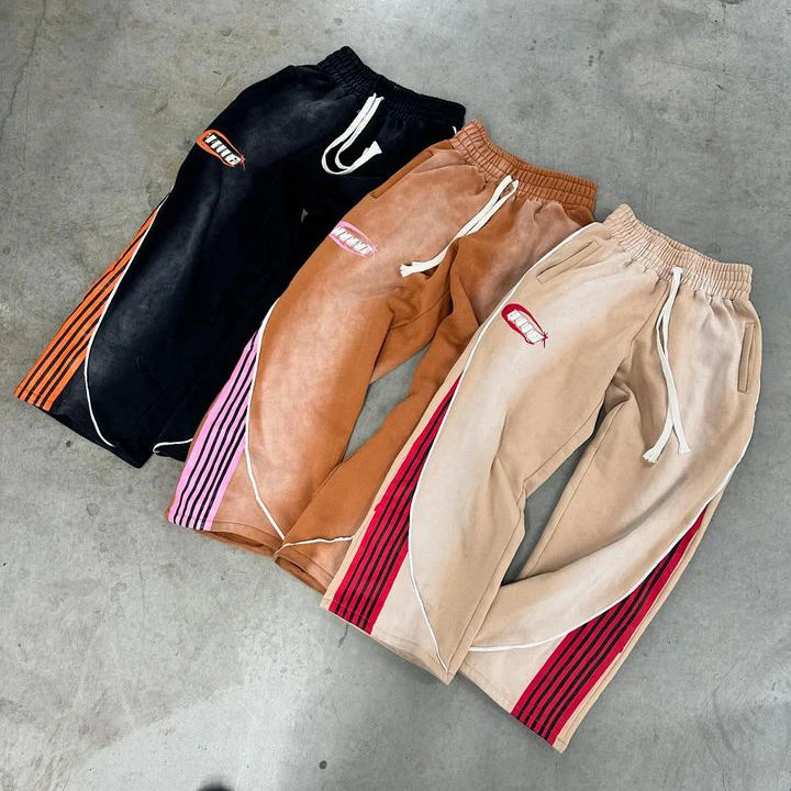 Custom Logo Heavyweight Cotton Fleece Sun Faded Washed Sweatpants Oversized Reflective Stripe Flared Sweat Pants
