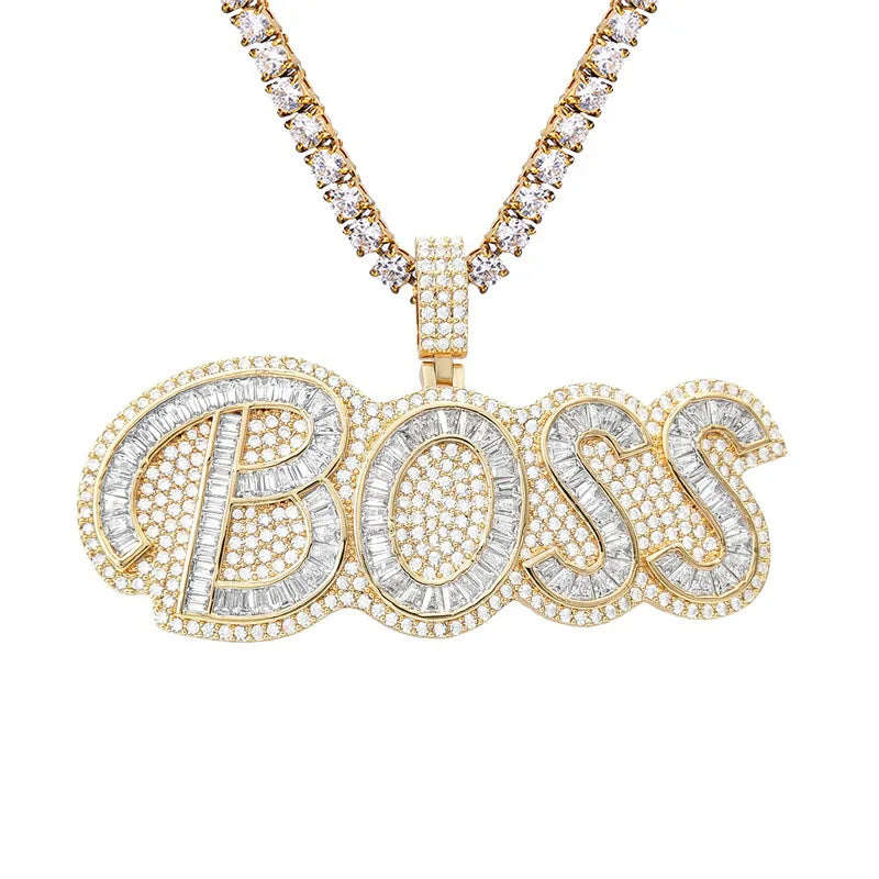 New Arrival Trendy Hiphop Brass Men's Iced Out Baguette Cz Letter Boss Zircon White Gold Pendant Necklace
