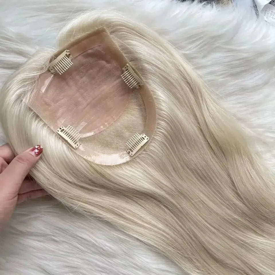 Platinum Blonde Color Hand Tied Silk Base Topper Cuticle Aligned Human Hair Toupees With PU