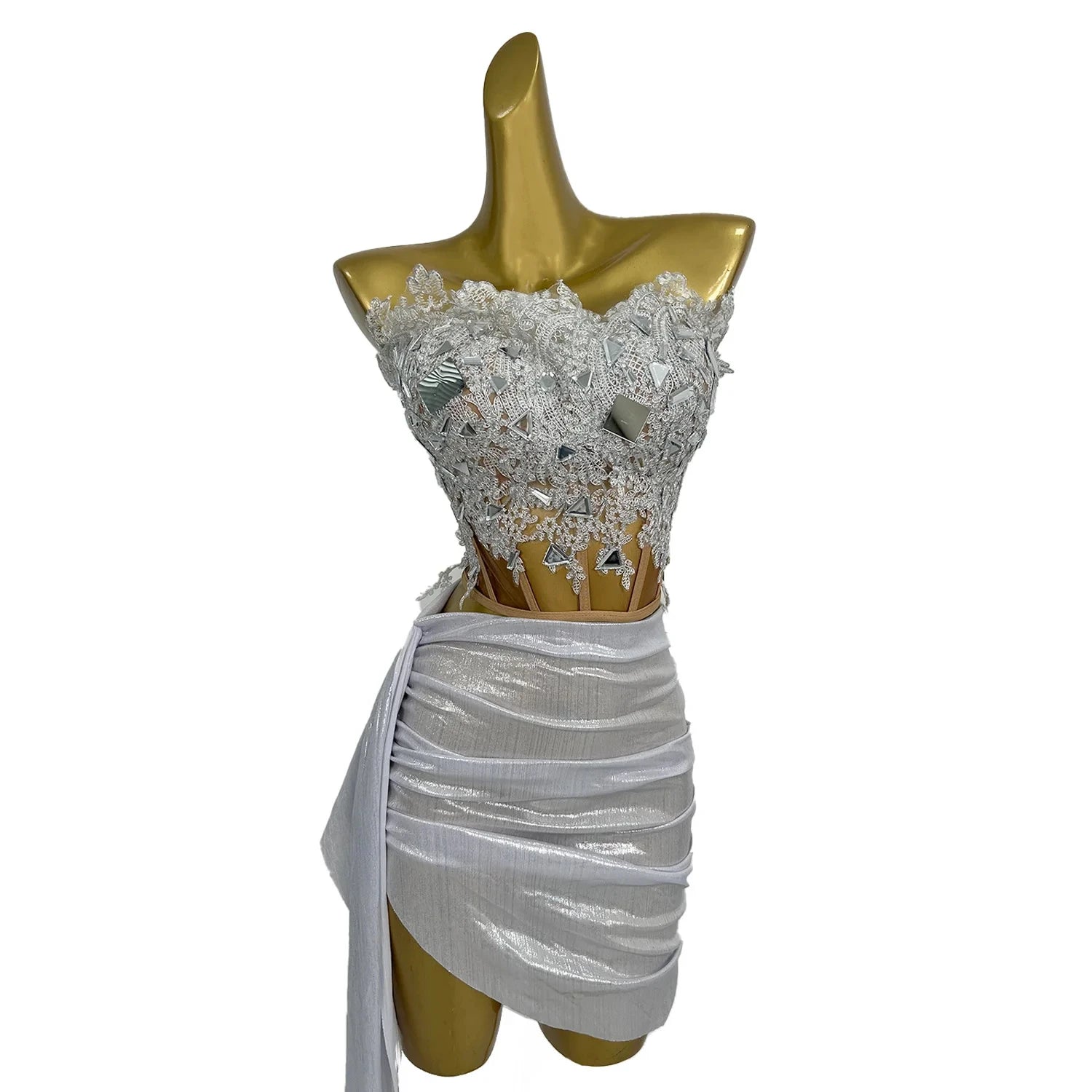 Sexy White Sequin Lace Corset Mini Skirts Birthday Dress Women Nightclub Party Celebration Singer Stage Clothes Dancer Costume