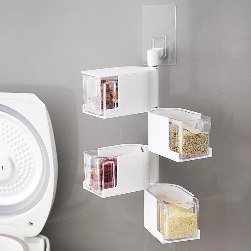 HelloWorld 2021 New Fashion Creative Portable Storage Box Nail-free Wall-mounted Salt Msg Seasoning Rotating Seasoning Box With Spoon