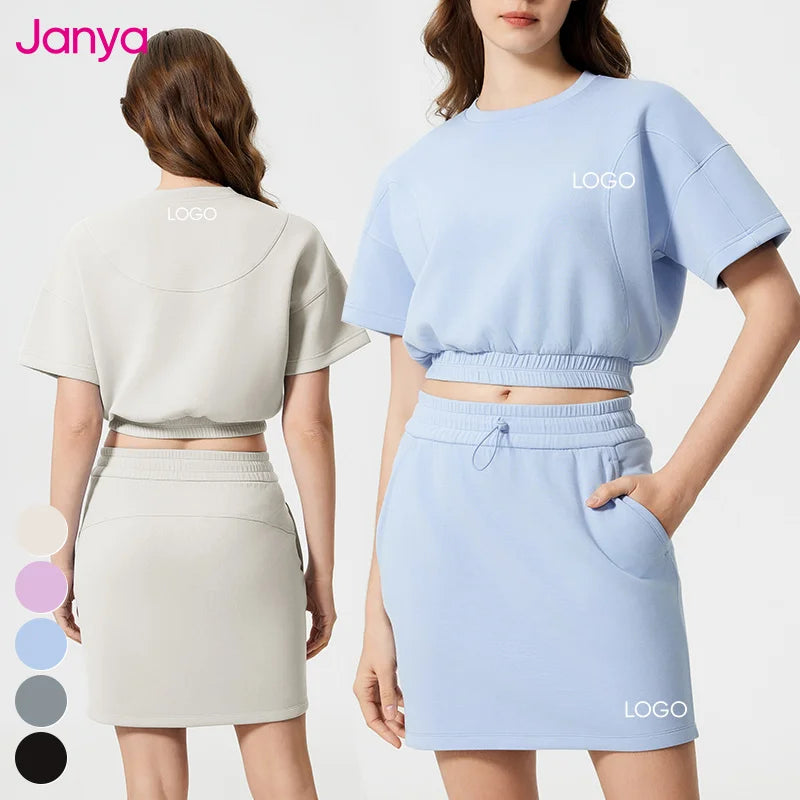 Janya Women's Activewear Short Sleeve Sports Tops 2  Piece Suit Custom Logo Workout Wear Golf Tennis Yoga Set Gym Fitness Sets
