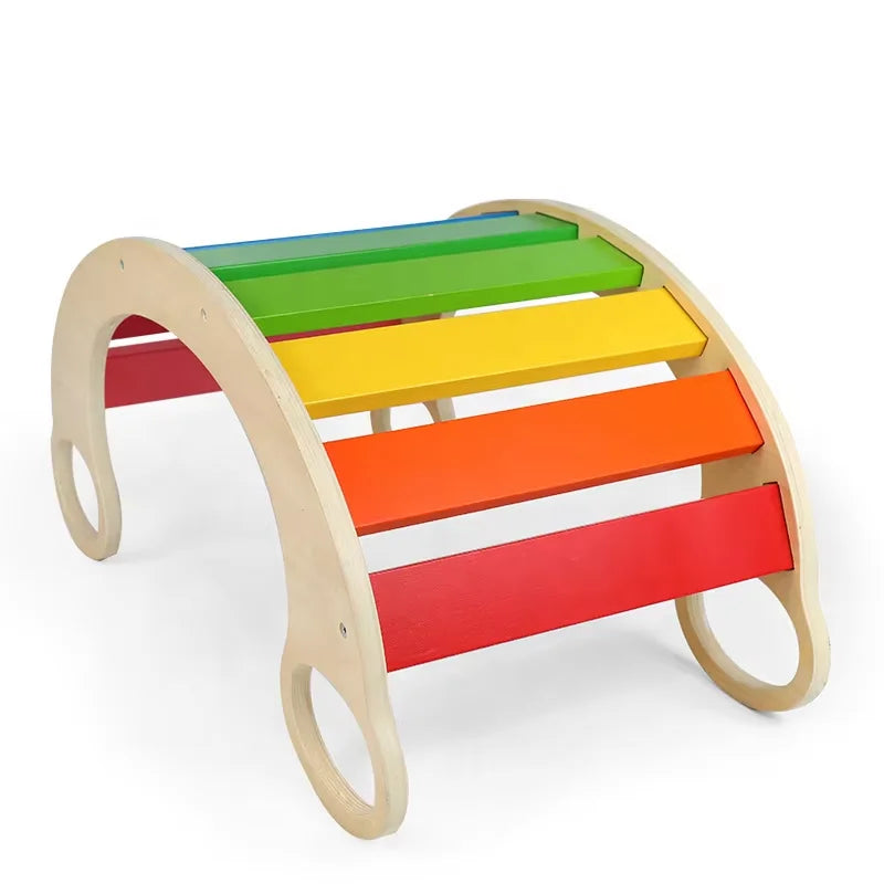 Children Wood Rainbow Color Rocker Board for Toddlers Balance Board Rocking Fun Wooden Seesaw Fun Toys for Kids
