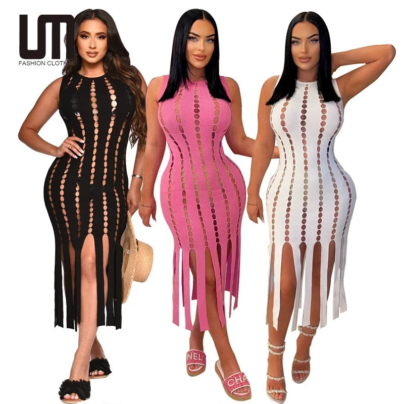 Liu Ming New Summer Women Sexy O Neck Sleeveless Hollow Out Tassel Beach Slim Bodycon Midi Dresses