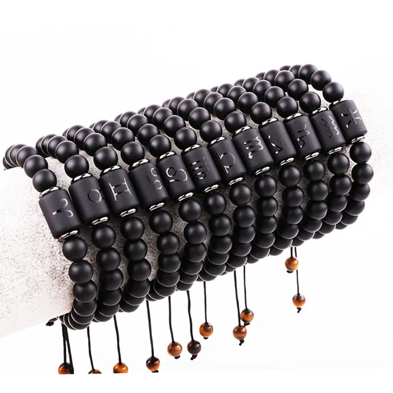 Jewelry Factory Yiwu 8mm Matte Black Agate Beads 12 Zodiac Custom Logo Friendship Adjustable Bracelet
